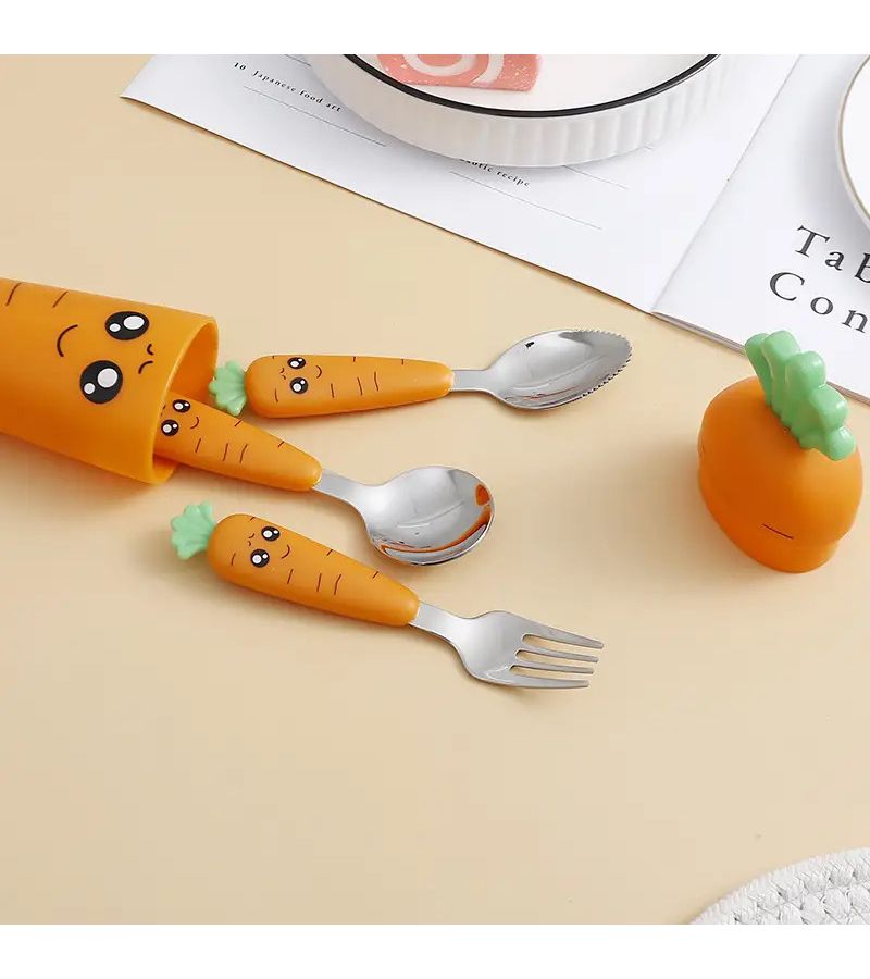 Stainless Steel Kids Carrot Fork and Spoon Set Yellow Portable Lunchbox Utensil - Image 4
