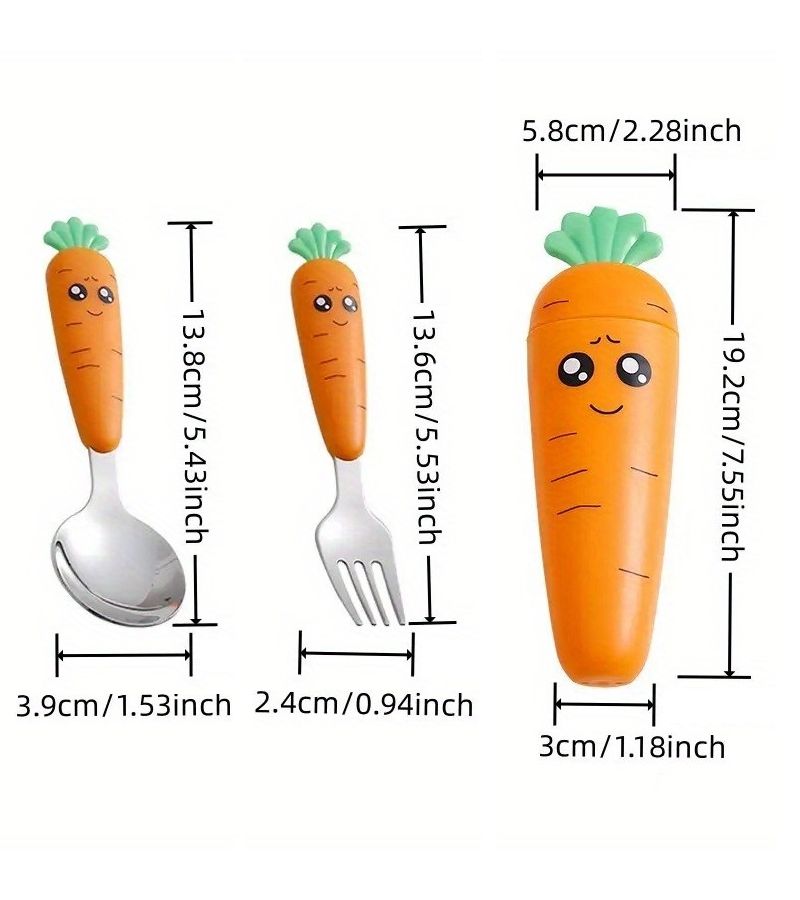 Stainless Steel Kids Carrot Fork and Spoon Set Yellow Portable Lunchbox Utensil - Image 3