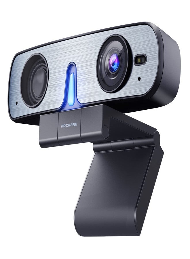 ROCWARE RC08 2K Webcam with Speaker, Webcam for PC, HD Web Cam with Noise Reduction Mic/Harman Speaker/4X Eptz/Privacy Cover/0.2S Auto-Focus/Low Illumination, Computer Camera for Zoom/Teams/Meeting