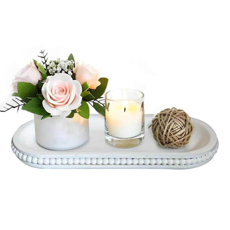 dwellington Wooden Farmhouse Decorative Tray 12in Rustic Beaded Tray for Living Room Decor Kitchen Table Dcor Oval Coffee Table Serving Tray White