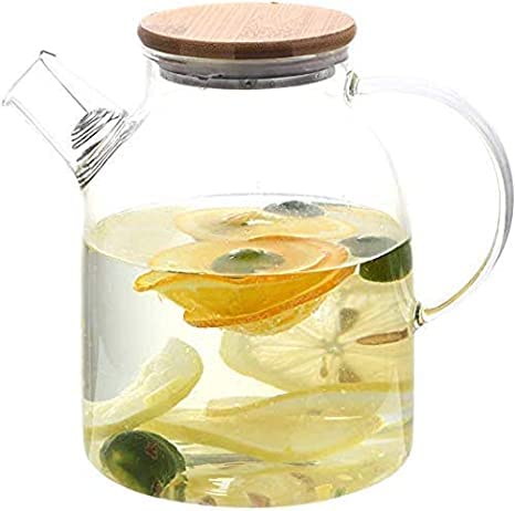 Florezza Florezza 1800 ml Borosilicate Glass Water and Juice Jug with Wooden Lid and Silicon Ring | Drinking Beverage Pitcher and Decanter with Airtight Cap (Set of 1) - Image 3
