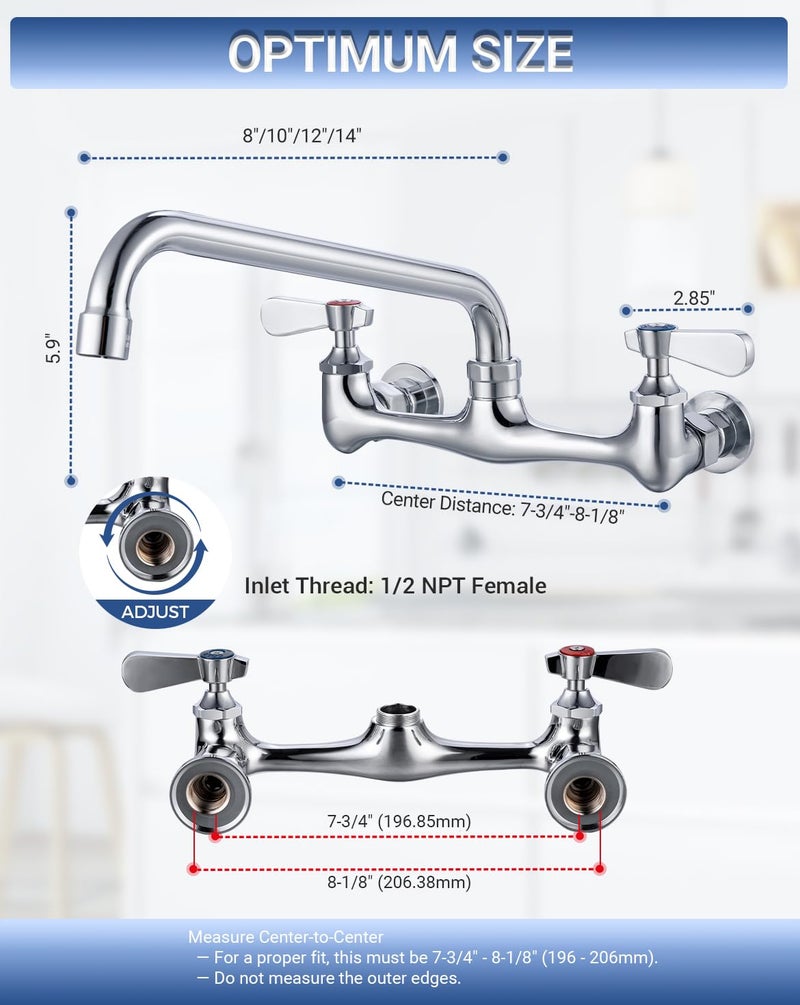 Phivan 8 Inch Center Wall Mount Commercial Sink Faucet - 8" Swivel Spout Utility Faucet, Dual Handle Chrome Brass for Restaurant/Laundry/Utility Room Kitchen Sinks - Image 3