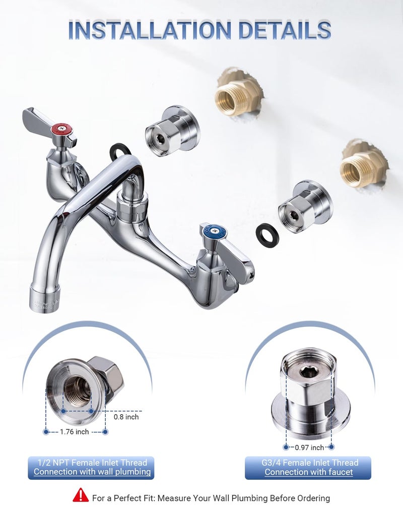 Phivan 8 Inch Center Wall Mount Commercial Sink Faucet - 8" Swivel Spout Utility Faucet, Dual Handle Chrome Brass for Restaurant/Laundry/Utility Room Kitchen Sinks - Image 4