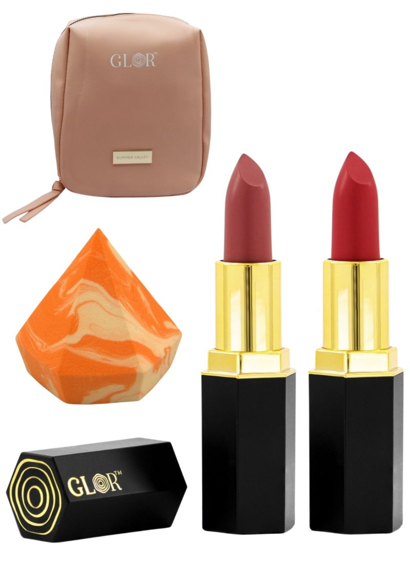 GLOR Glor Endless Charm Lipstick– Intense Long-Lasting Color, Luxurious Moisture, Ultra-Creamy Formula for Beautiful Lips-Raspberry Range + Voila + 1 Beauty Blender + 1 Cosmetic Bag  - Image 1