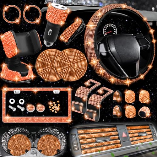 NBTEPEM 27 PCs Orange Bling Car Accessories Set for Women Steering Wheel Covers Universal Fit 15 Inch Bling License Plate Frame Bling Phone Holder Bling Car Coasters Orange Diamond - Image 1