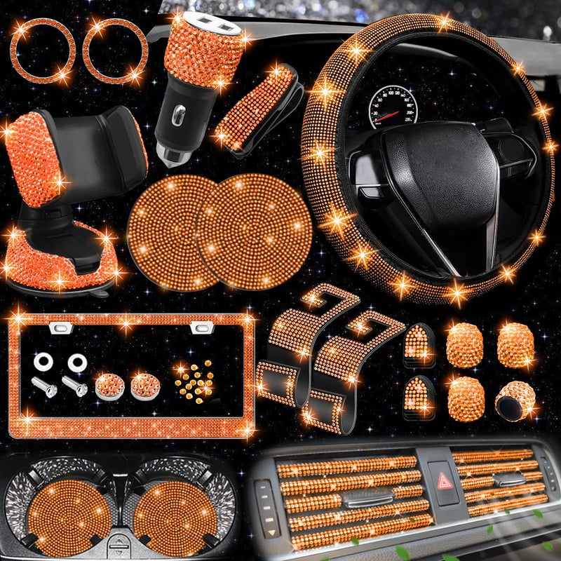 NBTEPEM 27 PCs Orange Bling Car Accessories Set for Women Steering Wheel Covers Universal Fit 15 Inch Bling License Plate Frame Bling Phone Holder Bling Car Coasters Orange Diamond - Image 2