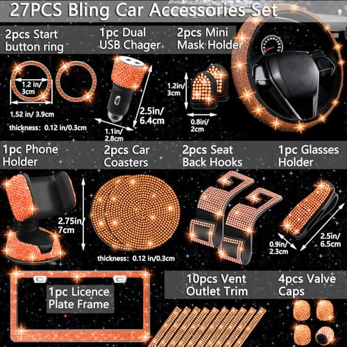 NBTEPEM 27 PCs Orange Bling Car Accessories Set for Women Steering Wheel Covers Universal Fit 15 Inch Bling License Plate Frame Bling Phone Holder Bling Car Coasters Orange Diamond - Image 3