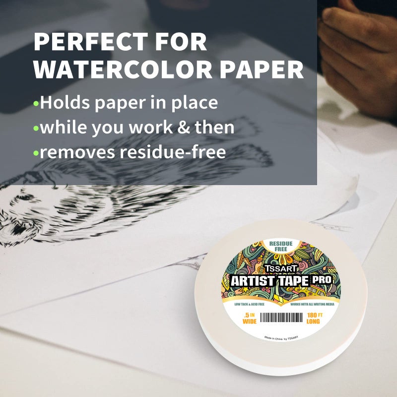TSSART White Artist Tape Pro - Low Tack Masking Artists Tape for Drafting Art Watercolor Painting and All Paper Media - Acid Free 1inch Wide 180FT Long - Image 5