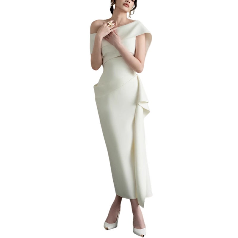 Women's Elegant White One-Shoulder Ruffle Midi Dress - Image 5