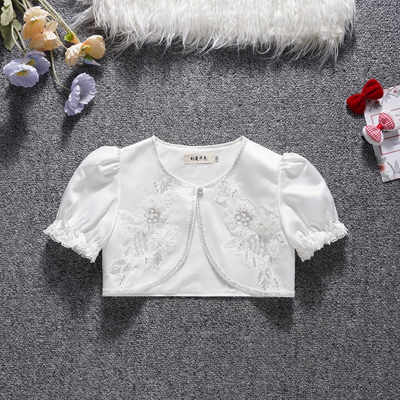 Explosions Girls Wedding Dress Shawl Children Princess Heavy-Duty White Short-Sleeved Cardigan Jacket - Image 1