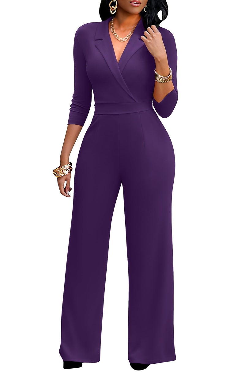 FANDEE One Piece Jumpsuits for Women, High Waist Wide Leg Pant Jumpsuit 3/4 Sleeve V Neck Formal Romper with Pockets Purple 2XL - Image 1