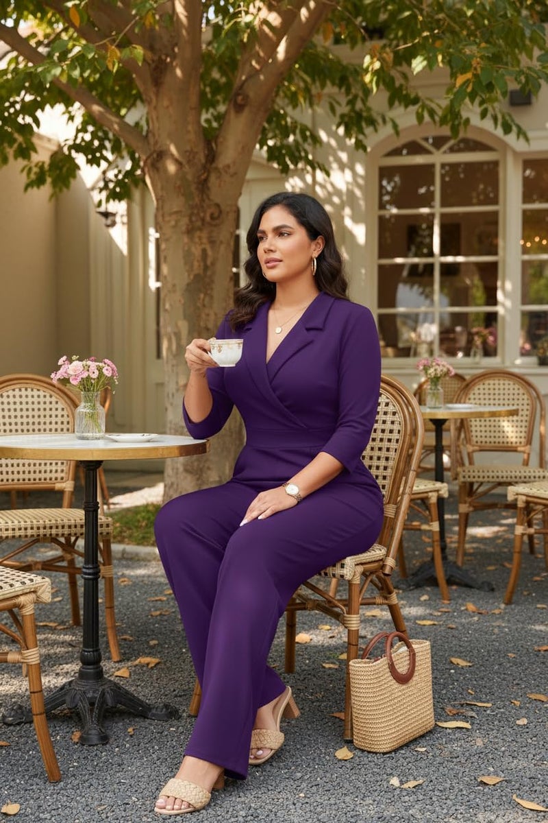 FANDEE One Piece Jumpsuits for Women, High Waist Wide Leg Pant Jumpsuit 3/4 Sleeve V Neck Formal Romper with Pockets Purple 2XL - Image 2