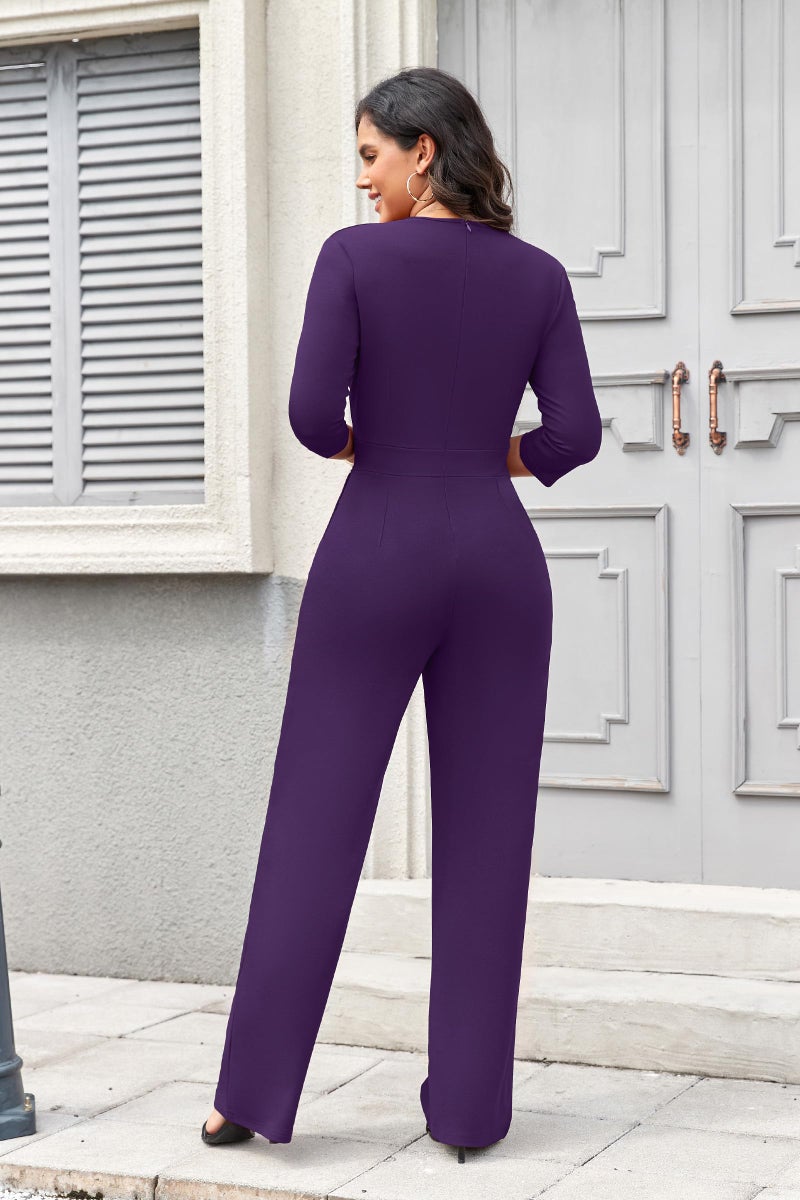 FANDEE One Piece Jumpsuits for Women, High Waist Wide Leg Pant Jumpsuit 3/4 Sleeve V Neck Formal Romper with Pockets Purple 2XL - Image 4