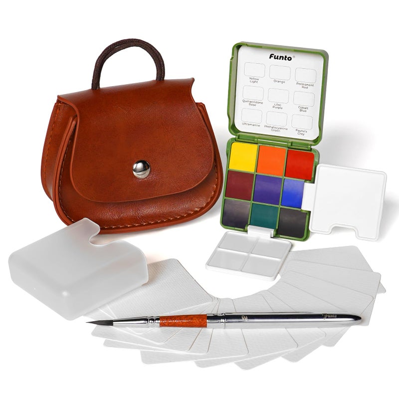 Funto Mini Watercolor Set Travel Kit with 9 Colors Leather Bag Watercolor Paper Portable Drawing Painting Supplies for Beginners Art Gift Set - Image 2