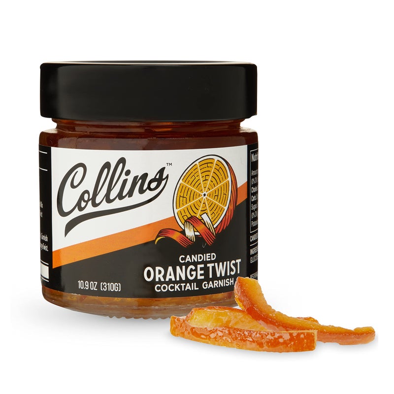 Collins Candied Fruit Orange Peel Twist in Syrup - Popular Cocktail Garnish for Skinny Margarita, Martini, Mojito, Old Fashioned Drinks, Peel for Baking, 10oz - Image 1
