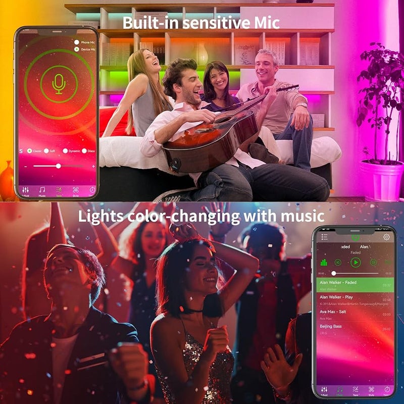 شريط إضاءة LED بطول 100 قدم من كيه إس آي بي زد إي (لفتان بطول 15 مترًا) بألوان RGB متزامنة مع الموسيقى، مصابيح LED زرقاء تعمل بالبلوتوث مع جهاز تحكم ذكي عبر التطبيق، مصابيح LED لإضاءة غرفة النوم وغرفة - Image 4