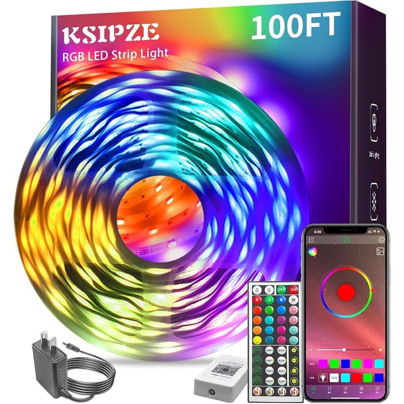 شريط إضاءة LED بطول 100 قدم من كيه إس آي بي زد إي (لفتان بطول 15 مترًا) بألوان RGB متزامنة مع الموسيقى، مصابيح LED زرقاء تعمل بالبلوتوث مع جهاز تحكم ذكي عبر التطبيق، مصابيح LED لإضاءة غرفة النوم وغرفة - Image 1