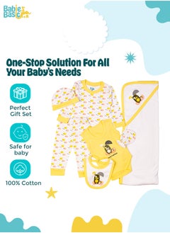 Babies Basic 7 Piece Unisex 100% Cotton Gift Set Include Bib, Blanket, Mitten, Cap, Romper, Top And Bottom Set, Yellow  - Image 2