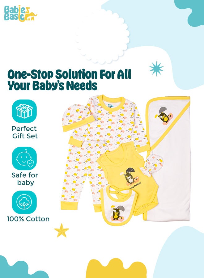 Babies Basic 7 Piece Unisex 100% Cotton Gift Set Include Bib, Blanket, Mitten, Cap, Romper, Top And Bottom Set, Yellow  - Image 2