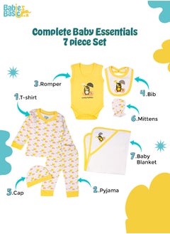 Babies Basic 7 Piece Unisex 100% Cotton Gift Set Include Bib, Blanket, Mitten, Cap, Romper, Top And Bottom Set, Yellow  - Image 3