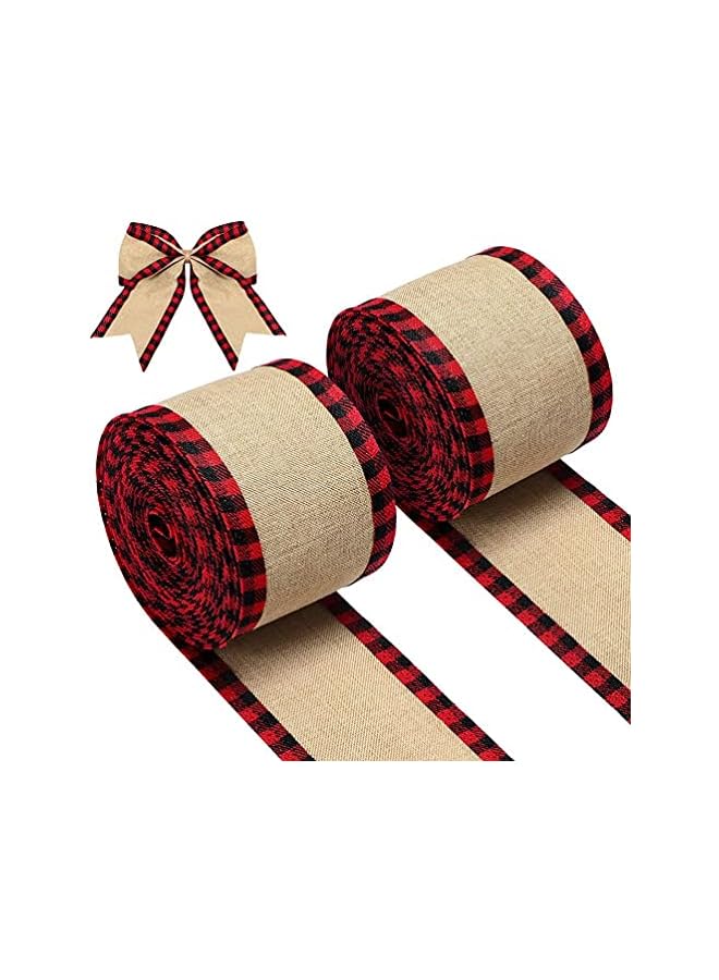 The Bros 2 لفات من شرائط عيد الميلاد بنمط البيفالو، شرائط قماش من الجوت مع حواف سلكية، لتزيين شجرة عيد الميلاد وإكليل الزهور وأقواس الهدايا (أسود، أحمر) - Image 5