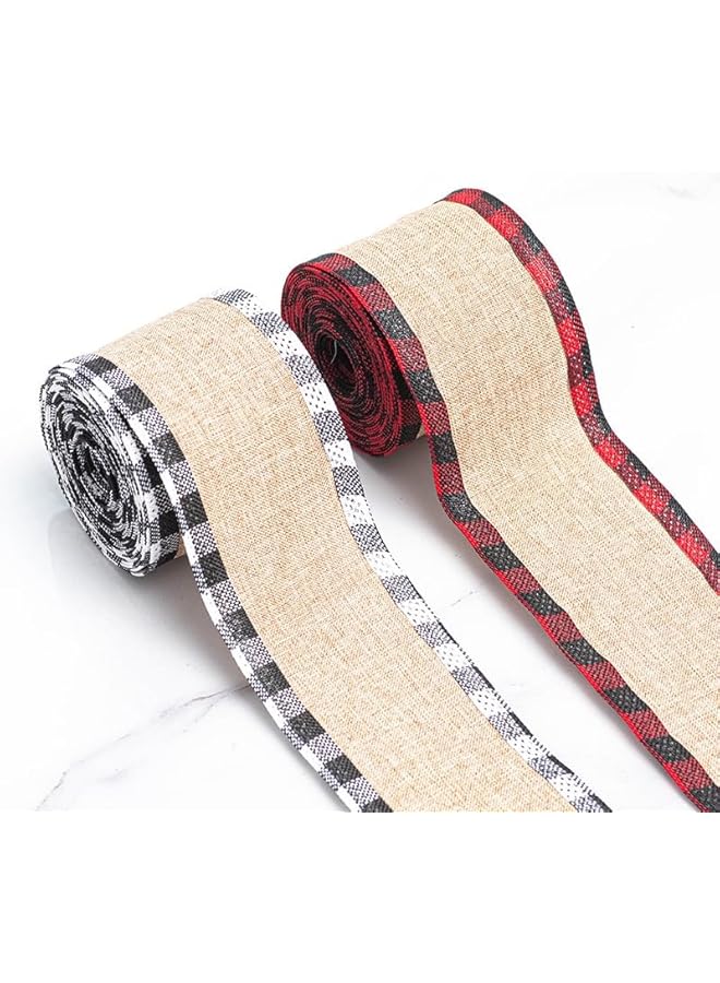 The Bros 2 لفات من شرائط عيد الميلاد بنمط البيفالو، شرائط قماش من الجوت مع حواف سلكية، لتزيين شجرة عيد الميلاد وإكليل الزهور وأقواس الهدايا (أسود، أحمر) - Image 1