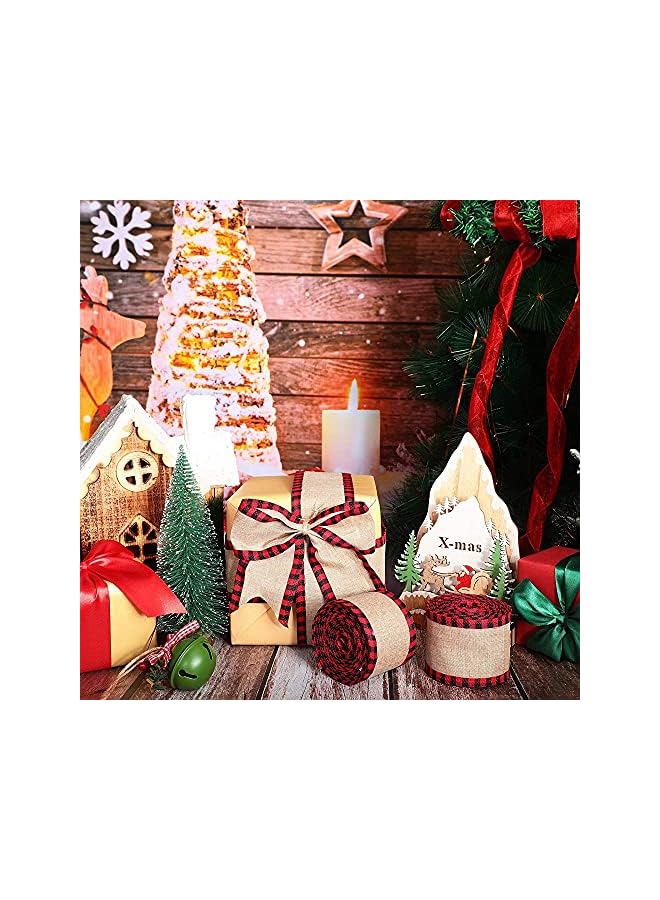 The Bros 2 لفات من شرائط عيد الميلاد بنمط البيفالو، شرائط قماش من الجوت مع حواف سلكية، لتزيين شجرة عيد الميلاد وإكليل الزهور وأقواس الهدايا (أسود، أحمر) - Image 3