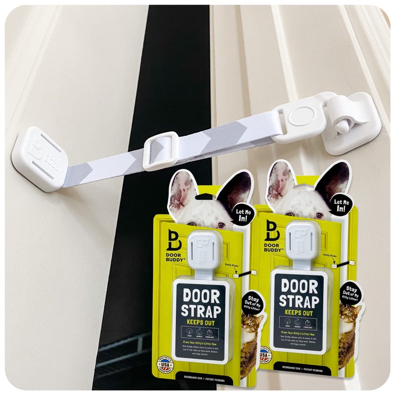 Door Buddy Door Latch for Cats - Grey 2 Pack. Pet Door Holder to Dog Proof Litter Box & Keep Dog Out of Cat Food. Easier Interior Cat Door or Gate Alternative. Adjustable Door Strap for Pets. - Image 1