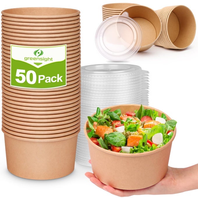 32OZ LARGE PAPER BOWLS WITH LIDS 50 PACK DISPOSABLE BIODEGRADABLE FOR SALADS SOUP HOTCOLD FOOD HEAVY DUTY SERVING PARTY BOWLS