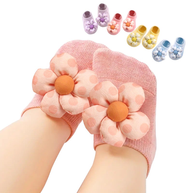 KEAINVRN 4Packs Baby Girls Socks,Flower Non-Slip Grips for Babies Toddler Princess Low Cut Ankle Socks for Girls (US, Age, 0 Months, 6 Months, purple yellow pink light bule) - Image 1