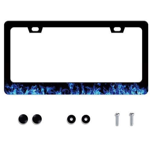 UNINDREM Blue Flame License Plate Frame Fire Combustion Stainless Steel License Plate Frame Auto Parts Decoration with Screws License Plate Holder for Men Women 12x6 Inch - Image 1