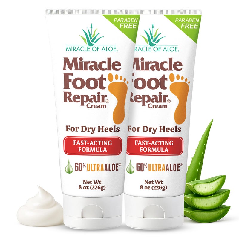 Miracle of Aloe Miracle Foot Repair Cream (8 oz / 2-Pack) Repairs Dry Cracked Heels and Feet, 60% Pure UltraAloe Moisturizes, Softens, and Repairs - Image 1