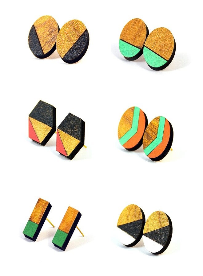 ORENAME Wooden Earrings for Girls and Women 6 Pairs Set Handmade Wooden Earrings with Ear Backs for Women and Girls Different Shapes and Colors - Image 1