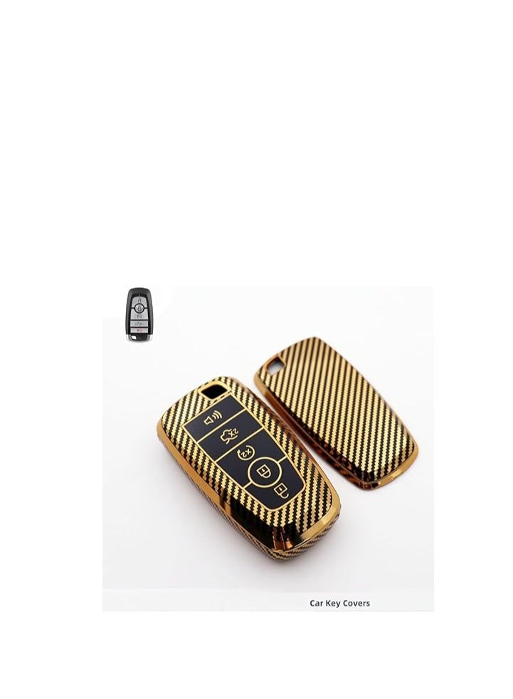 OUYoo نسيج ألياف أويو الكربونية TPU لغلاف حافظة المفاتيح من فورد مناسب لمستكشف فورد إيدج الاندماج موستانج الهروب لينكولن 164-R8149 المفتاح الذكي (ذهب) - Image 3