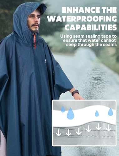 ANYOO Hooded Rain Poncho for Adults Waterproof Lightweight Rain Coats for Men Women Reusable Rain Jacket for Emergency Camping Outdoor Activities (Sea blue) One Size - Image 5
