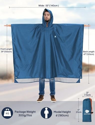 ANYOO Hooded Rain Poncho for Adults Waterproof Lightweight Rain Coats for Men Women Reusable Rain Jacket for Emergency Camping Outdoor Activities (Sea blue) One Size - Image 2