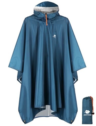 ANYOO Hooded Rain Poncho for Adults Waterproof Lightweight Rain Coats for Men Women Reusable Rain Jacket for Emergency Camping Outdoor Activities (Sea blue) One Size - Image 1