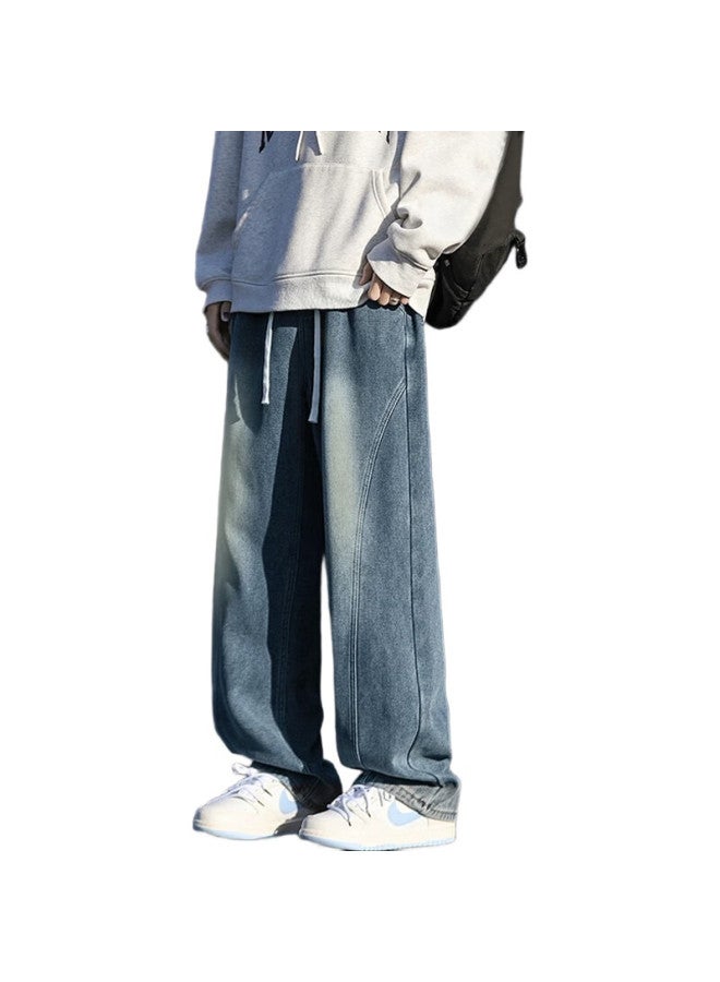 Homlean American-Style Street Jeans For Men, Spring And Summer Casual Wide-Leg Curved Knife Deconstructed Design Trousers, 150 Vintage Blue 3Xl - Image 2