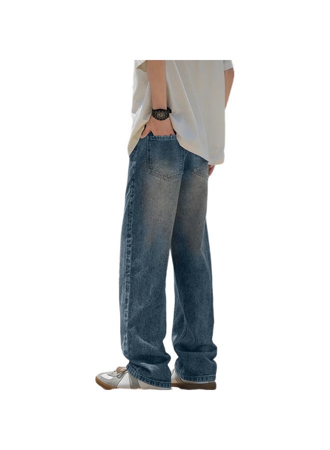 Homlean American-Style Street Jeans For Men, Spring And Summer Casual Wide-Leg Curved Knife Deconstructed Design Trousers, 150 Vintage Blue 3Xl - Image 3