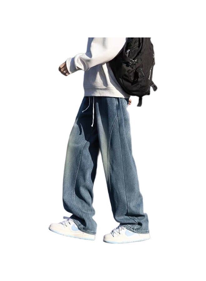 Homlean American-Style Street Jeans For Men, Spring And Summer Casual Wide-Leg Curved Knife Deconstructed Design Trousers, 150 Vintage Blue 3Xl - Image 1