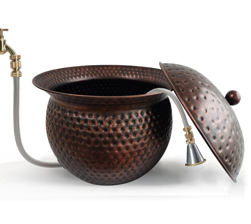 BSTGIFTS Garden Hose Holder Pot with Lid Hose Storage Pot with Copper Finish and Hammered Accent Stell Water Hose Container Water Hose Hider Outdoor or Indoor Use