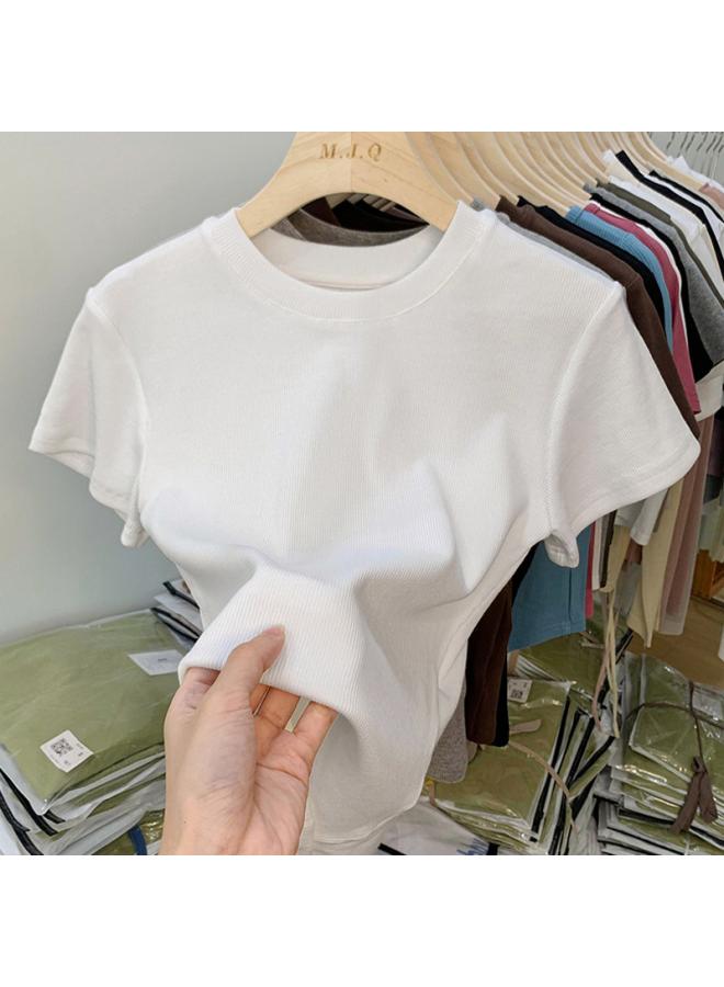 Song Feng Ya Shoulder White T-shirt Women's Short-sleeved European New Inner Base Shirt Stacked Slim-fit Slimming Cotton Top 