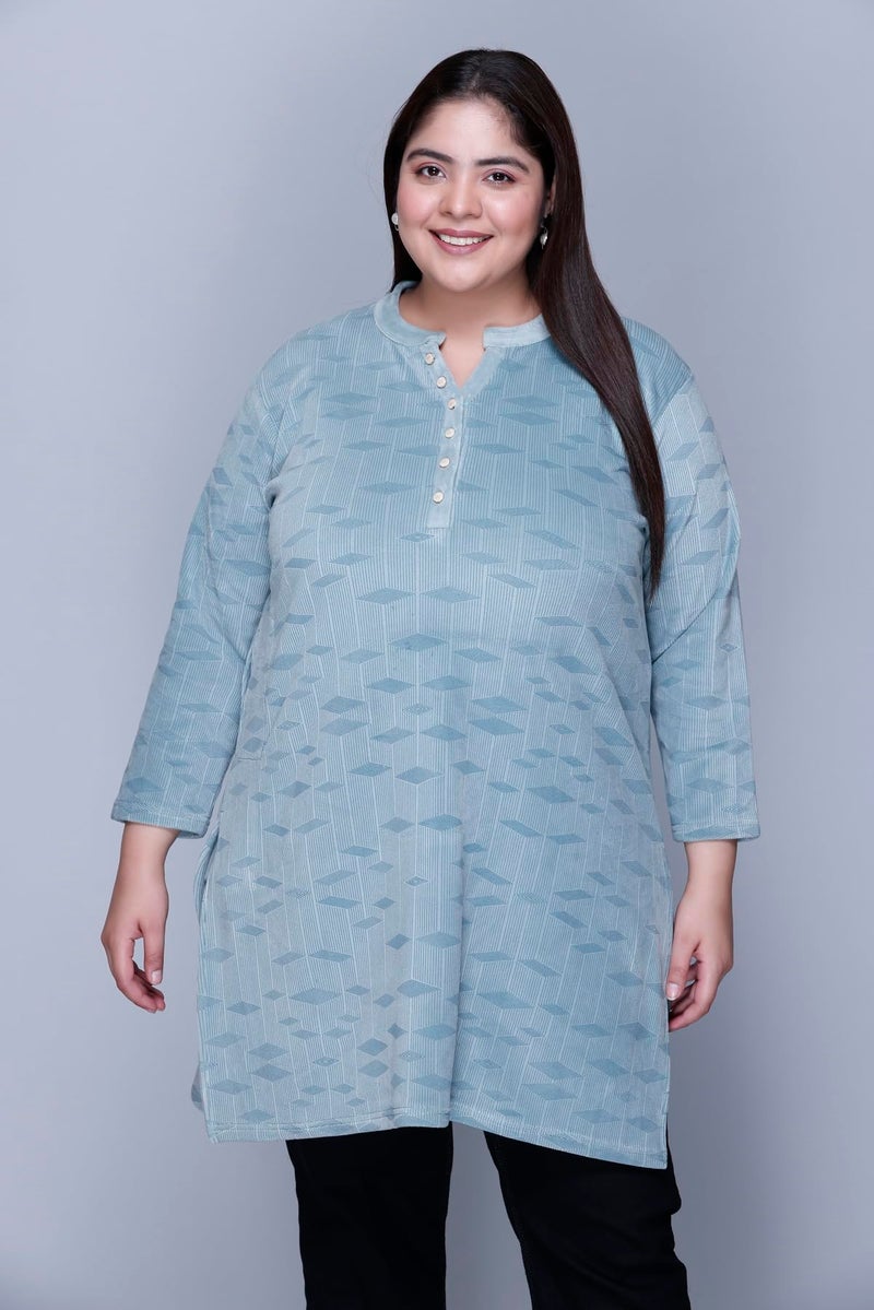 In Love Women's Winter Wear Warm Plus Size Raising Velvet Full Sleeve All Over Printed Kurti, SSA04105_XXL Light Green, Regular Fit - Image 2