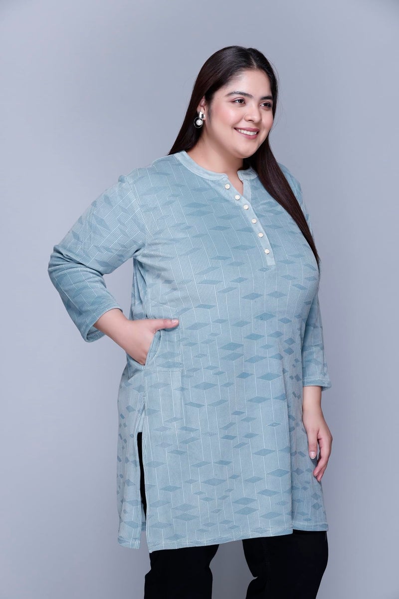 In Love Women's Winter Wear Warm Plus Size Raising Velvet Full Sleeve All Over Printed Kurti, SSA04105_XXL Light Green, Regular Fit - Image 4