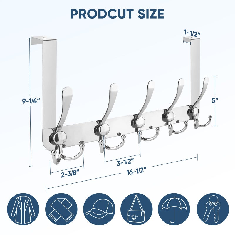 TICONN Over The Door Hooks, 5 Heavy Duty Tri Coat Rack All Metal Coat Hanger for Bathroom Bedroom Dorm (Chrome, 1PK, Fit 1-3/8" Doors) - Image 2