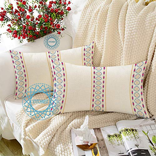 STITCHNEST Stripe Multi Printed Poly Cotton Rectangular Cushion Covers Set of 2 12 x 18 Inches with Filler