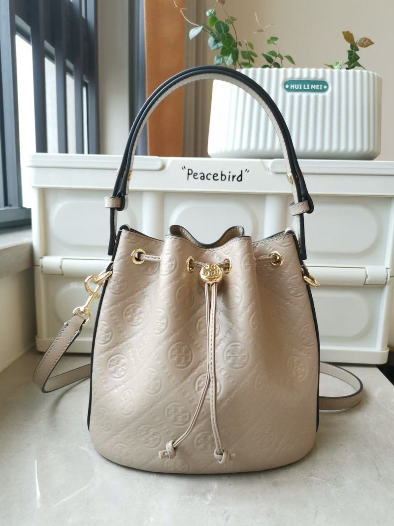 Tb Women'S Bag New Embossed Cowhide Embossed Bucket Pure Leather Material Monogram Full Logo Bucket Bag Vegetable Basket - Image 3