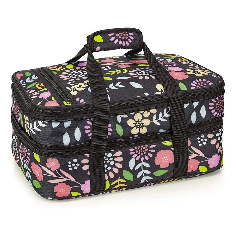VP Home Insulated Casserole Carrier for Hot or Cold Food  16x11x8Inch Double Food Container Travel Bag  Expandable Compartments Lunch Bag  Garden Party Design