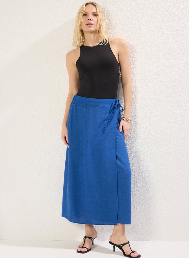 trendyol Navy Blue Lacing Detail Double Breasted Closure Maxi Length Woven Skirt - Image 3