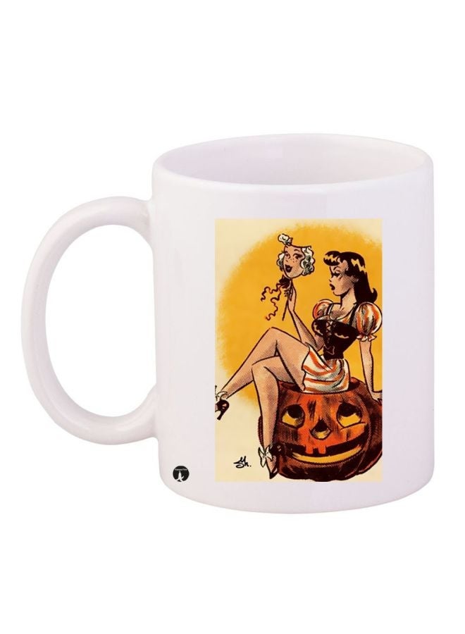 Cartoon Girl Printed Ceramic Coffee Mug White/Brown/Yellow 11ounce